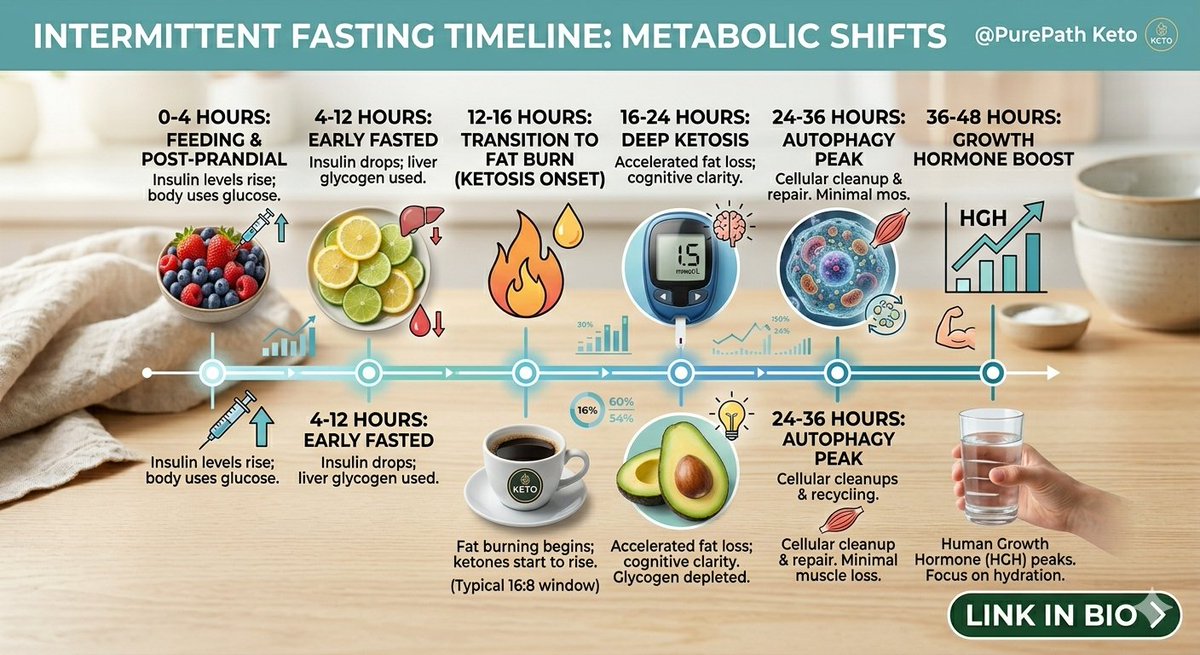 Dream747378156's tweet image. ⏰ INTERMITTENT FASTING TIMELINE
0–12 hrs: glucose &amp;amp; glycogen used
12–16 hrs: fat burning begins
16–24 hrs: deeper ketosis, clarity
24–36 hrs: cellular repair increases

👉 What fasting window works for you?
#IntermittentFasting #Fasting #WeightLoss #Health #FatLossMeals