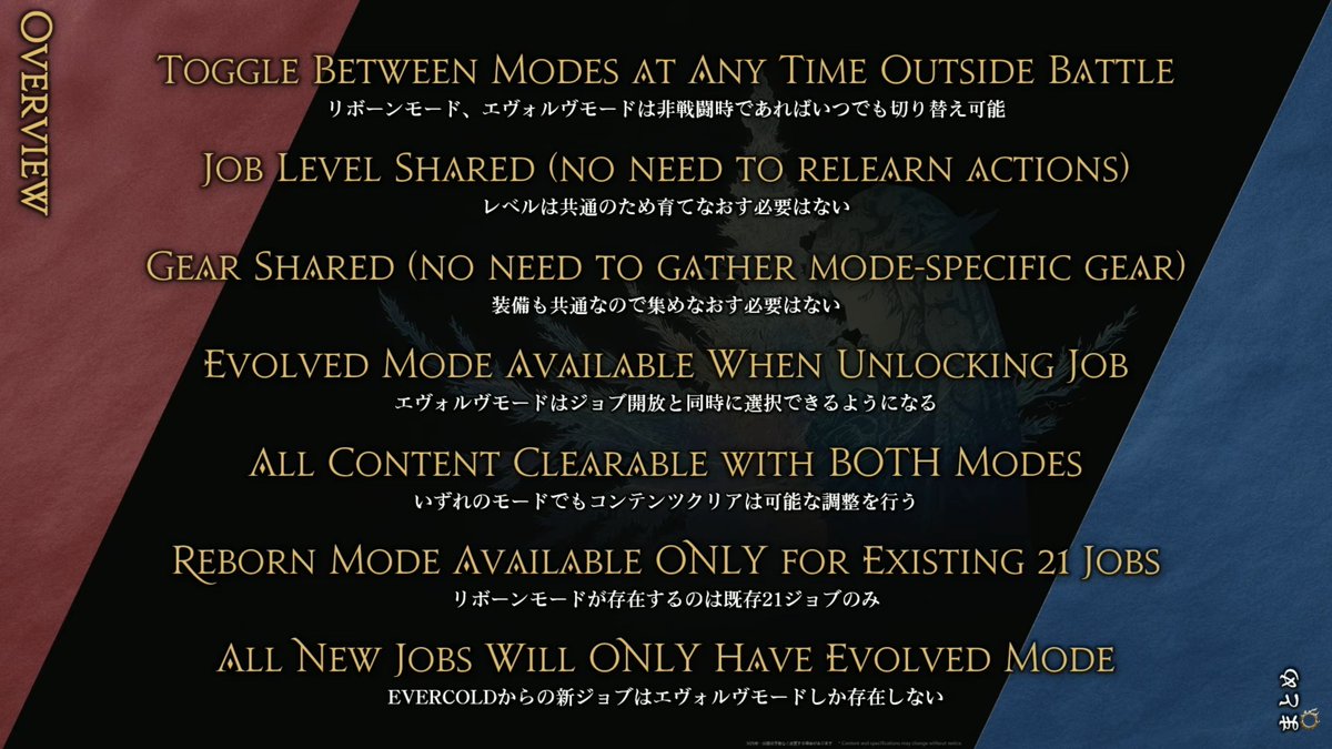 <新たなジョブシステム>
REBORN MODE, EVOLVED MODEという2つのモードが実装される。
※青と魔獣のエクストラジョブは対象外

リボーンモードはこれまでの21ジョブのアクションを踏襲したもの。新生から始まったジョブシステム。
これまでの21ジョブ全てに存在する。