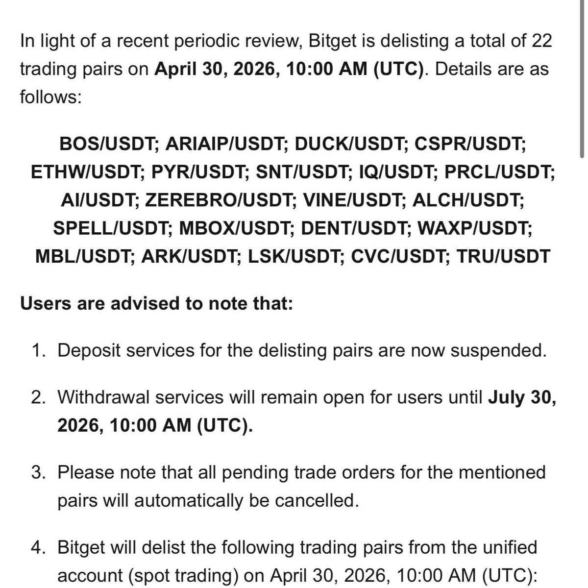 Cointelegraph's tweet image. 🚨 LATEST: Bitget will delist 22 spot trading pairs on April 30, 2026 at 10:00 AM UTC following a periodic review, with withdrawals available until July 30.