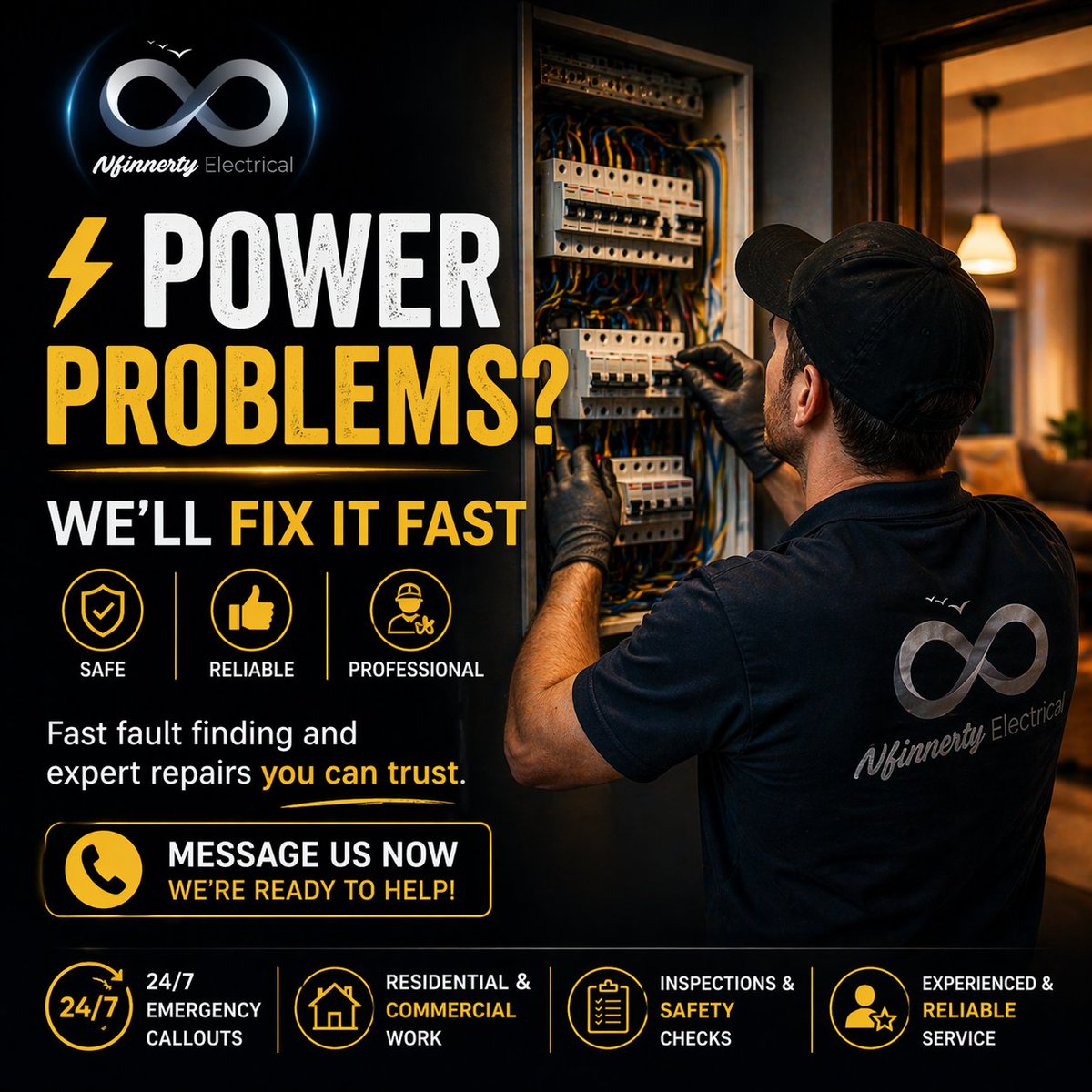 NfinnertyElec's tweet image. ⚡ Power problems?

We find &amp;amp; fix faults fast and safely.

📞 Message us now

#Electrician #York #24HourService #supportlocal
