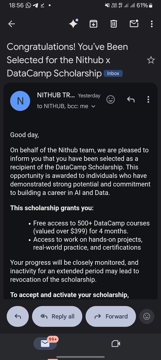 Yusufabdullahi_'s tweet image. 🎉 Excited to be selected for the DataCamp Scholarship by @DataCamp @nithub_lag!

Access to 500+ courses, projects, and certifications in AI &amp;amp; Data 

Grateful for the opportunity. 

#DataCamp #Nithub #AI #DataScience