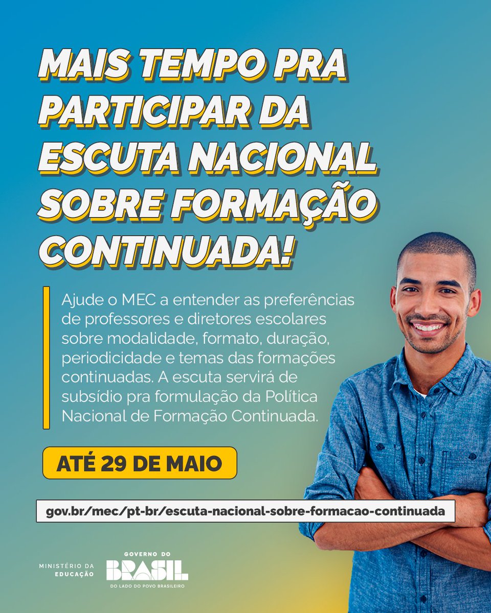 min_educacao's tweet image. Mais tempo! Professores e diretores, a Escuta da Formação Continuada foi prorrogada até 29/5. Ajude o MEC a criar ações que façam sentido em seu cotidiano. O que você valoriza na prática? 🌐 gov.br/mec/pt-br/escu… #FormaçãoContinuada #MEC