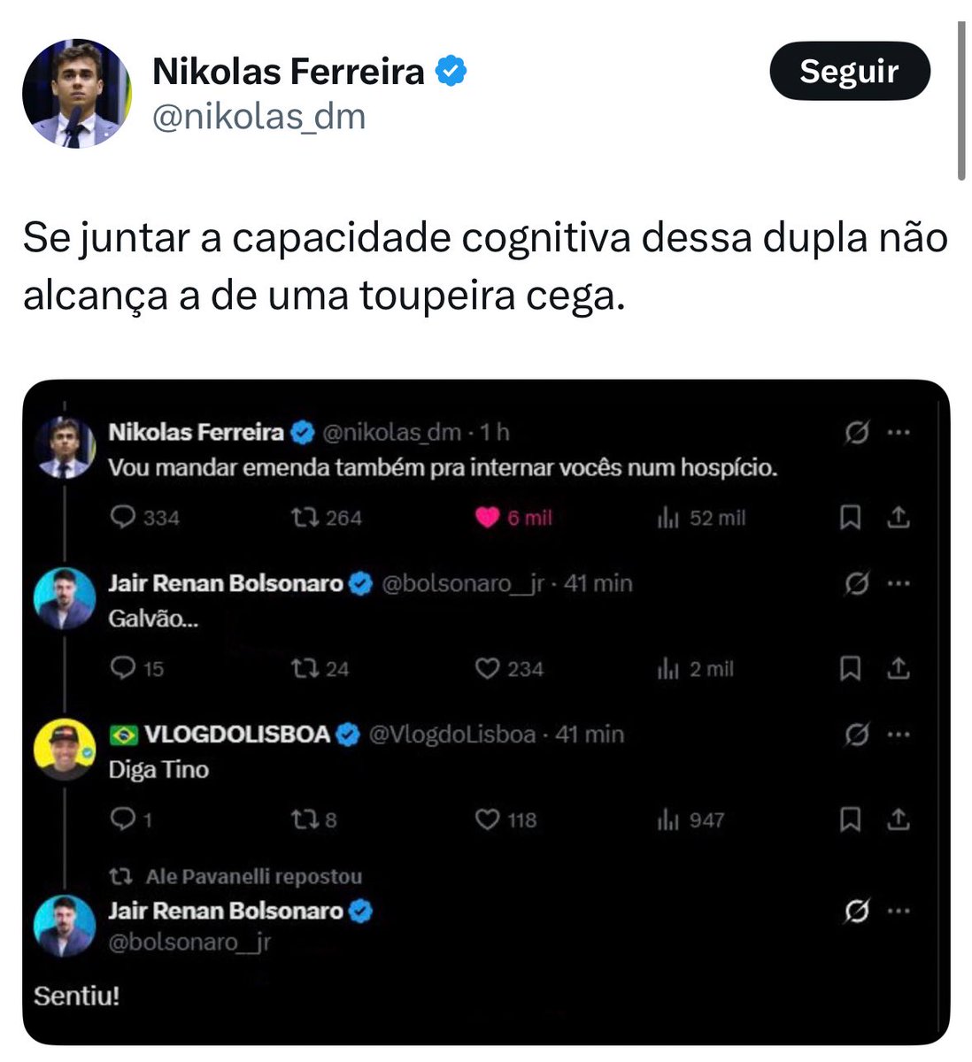 🚨 ACABOU O RESPEITO

Nikolas Ferreira ofende a capacidade cognitiva do filho de Bolsonaro, Jair Renan. Após bater boca com Eduardo Bolsonaro, agora ele parte na ofensiva contra o filho mais frágil. 

Compartilhe se você estiver do lado da briga. ✊🏼