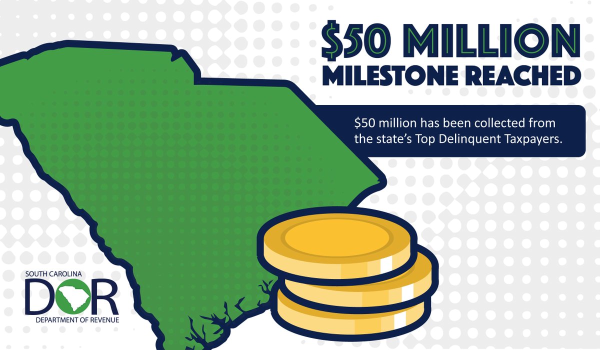 theSCDOR's tweet photo. 📰 SCDOR collects more than $50M from Top Delinquent Taxpayers lists

Learn more about our collection efforts and see our SC’s most recent top delinquent taxpayers at https://t.co/sileYkOgjk https://t.co/v4pPZ3wH0J