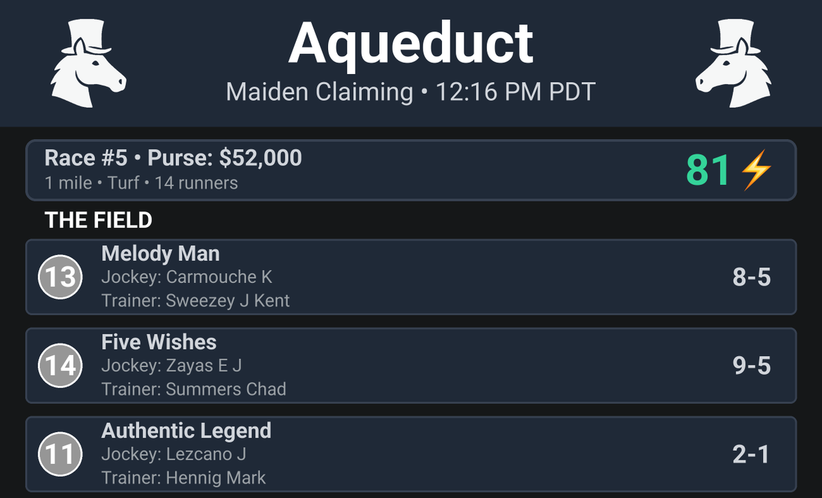 CapperRacing's tweet photo. 🏇 Race Alert!

Aqueduct Race #5
Maiden Claiming

📍 Post Time: 12:16 PM MST
⚡️ Thrill Score: 81⚡️

#HorseRacing #Aqueduct #Racing https://t.co/YO1g66gECg
