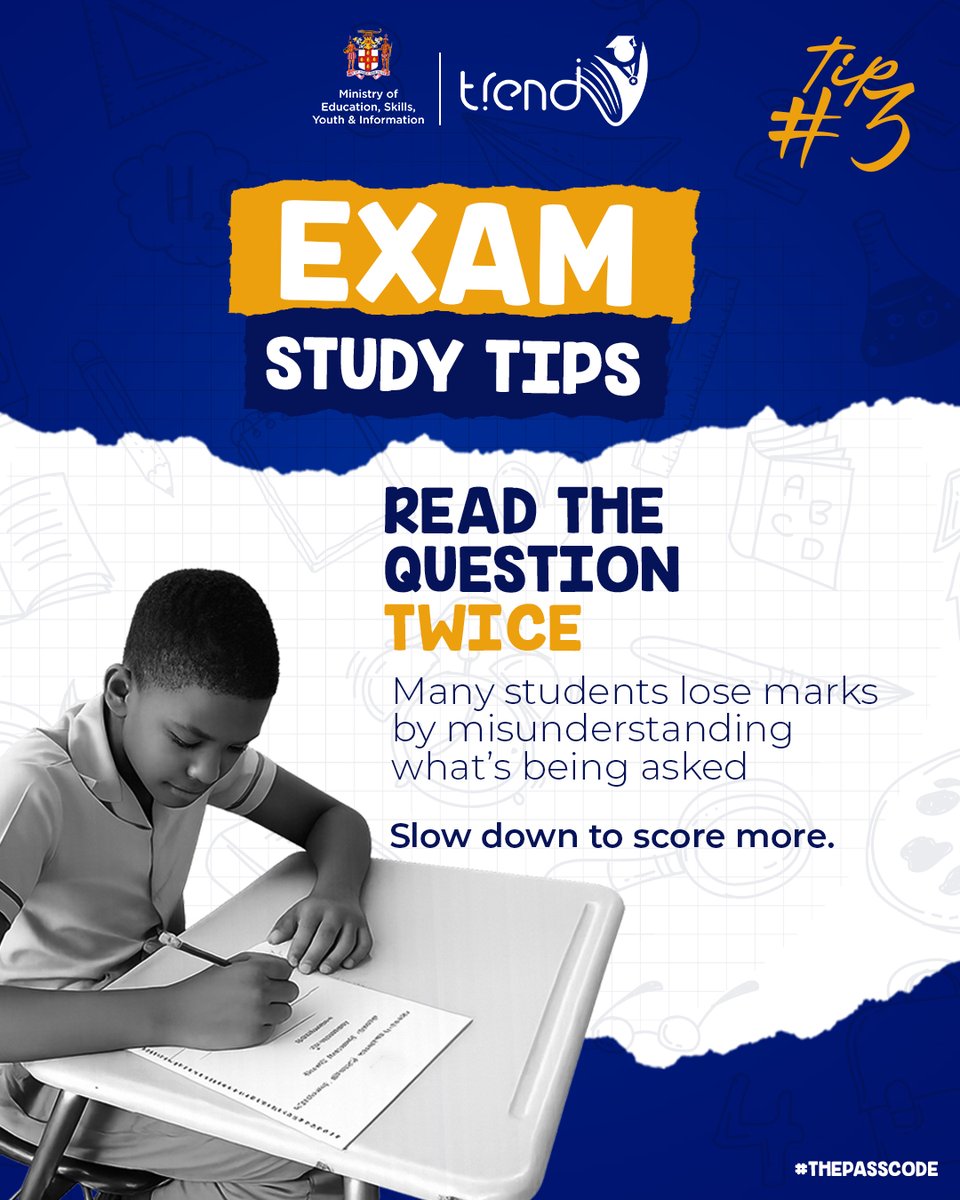 MOEYJamaica's tweet image. Exam season is here, but don’t fret. 
 Here’s THE PASSCODE  to success 🔐✨

Lock in with these 4 smart tips:
1️⃣ Use past papers
2️⃣ Read each question twice
3️⃣ Stay calm and focused
4️⃣ Practice while timing yourself
#ExamSeason #StudyTips #SuccessStartsHere