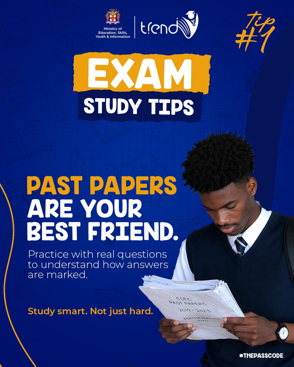 MOEYJamaica's tweet image. Exam season is here, but don’t fret. 
 Here’s THE PASSCODE  to success 🔐✨

Lock in with these 4 smart tips:
1️⃣ Use past papers
2️⃣ Read each question twice
3️⃣ Stay calm and focused
4️⃣ Practice while timing yourself
#ExamSeason #StudyTips #SuccessStartsHere