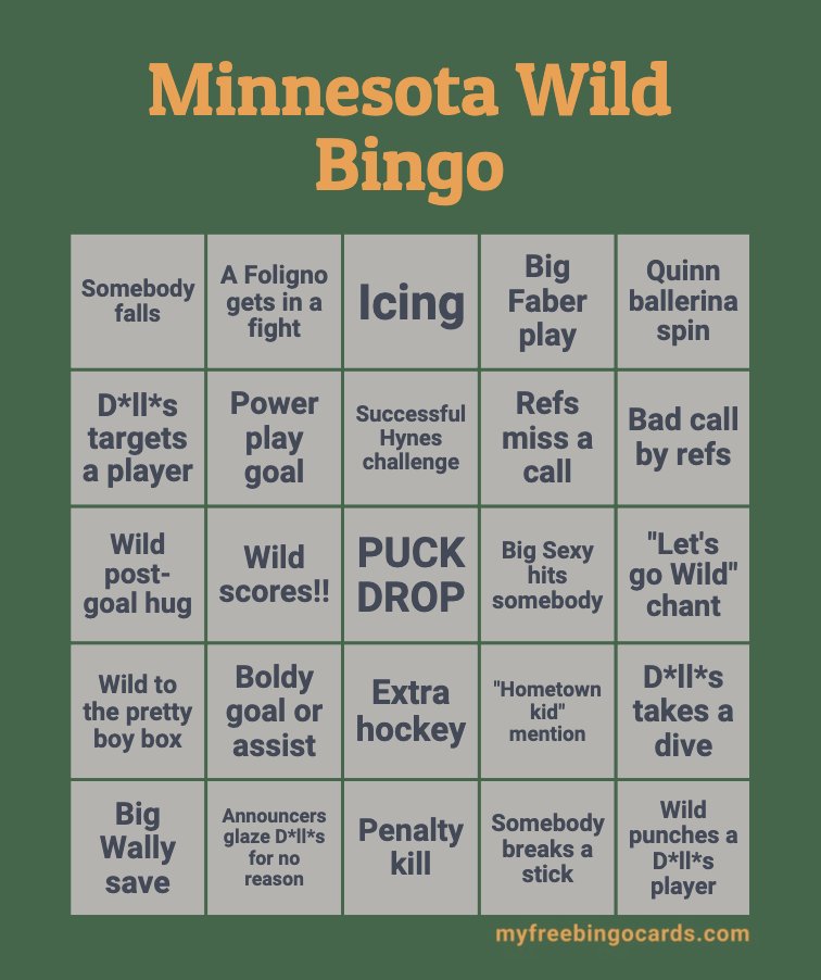 polarisquinn's tweet image. made some #mnwild bingo cards for those watching game 4 tomorrow! 🏒