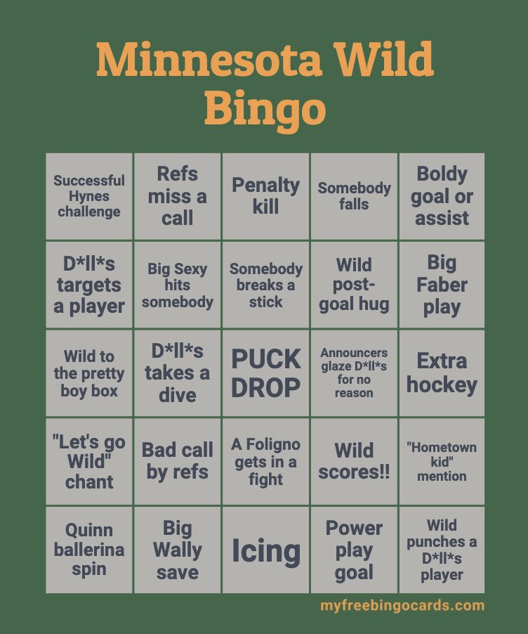 polarisquinn's tweet image. made some #mnwild bingo cards for those watching game 4 tomorrow! 🏒