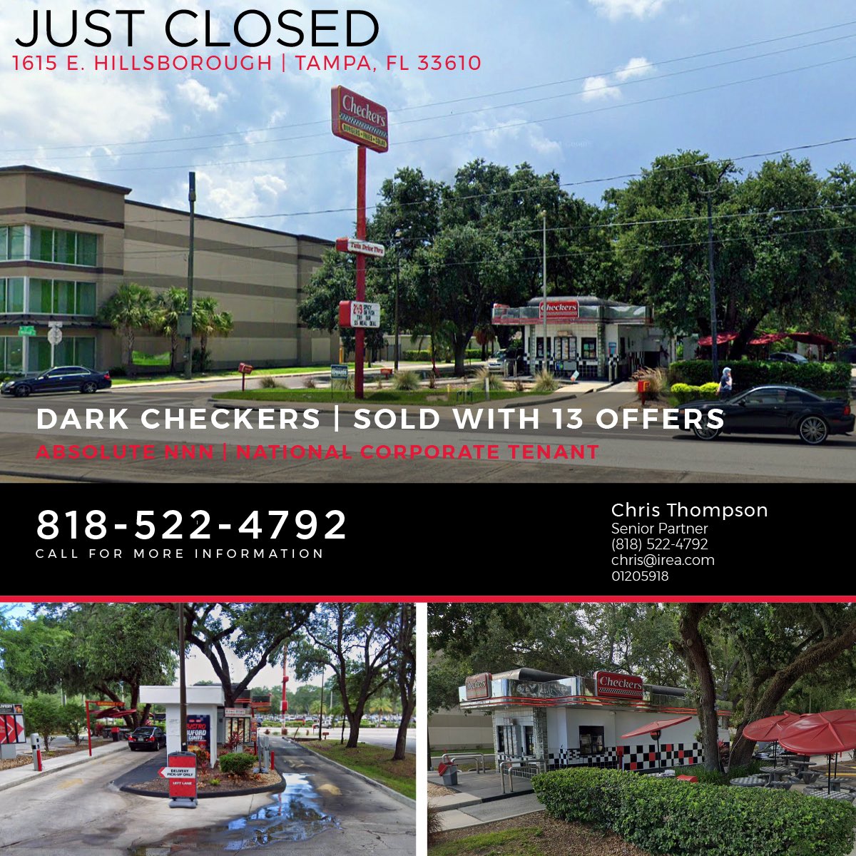IREA_CRE's tweet photo. IREA is pleased to announce the closing of a Dark Checkers Hamburgers in Tampa, FL by Senior Partner Chris Thompson, sold with 13 offers. With double drive-thru capacity, the property is positioned on a high-visibility corner on a major artery across from Super Walmart. https://t.co/jWWymi664u