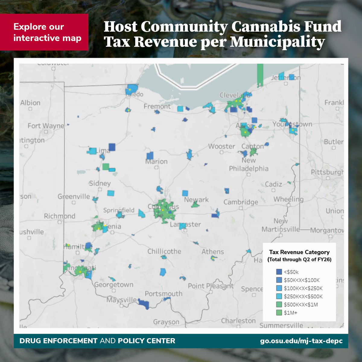 OSULawDEPC's tweet image. Curious where #Ohio’s cannabis tax dollars are going? DEPC’s interactive map breaks down #marijuana #tax revenue for every participating community in the Host Community Cannabis Fund. Some of the top earners may surprise you: bit.ly/4apcImz