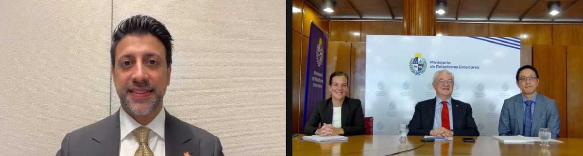 El Ministro de Relaciones Exteriores <a href="/MinLubetkinUy/">Mario Lubetkin</a> mantuvo una charla virtual con el Ministro de Comercio de Canadá, <a href="/MSidhuLiberal/">Maninder Sidhu</a>, en la que se analizaron aspectos relacionados al comercio bilateral, potenciales inversiones y el avance de conversaciones en el marco de un