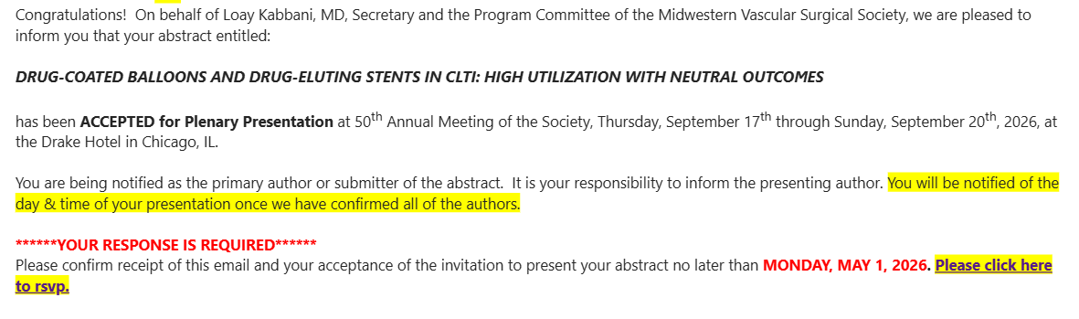 Abdelwahab207's tweet photo. Excited to share that we’ve been selected for three plenary presentations at the @MWVSSociety 

Grateful for the team effort, and special recognition to @MattLeverichMS  his outstanding work and dedication to this project.
#Vascular #Research #CLTI https://t.co/U2ap8kqsvc