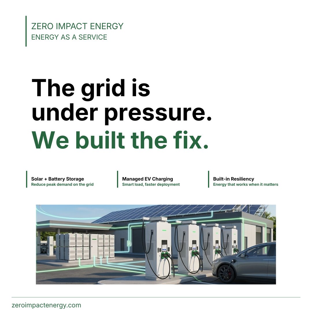 ZIE_Group's tweet image. The grid can't keep up with electrification.

Solar + storage + smart EV charging fixes that. On-site, flexible, resilient.

The future of energy is distributed. 

zeroimpactenergy.com 

#EnergyTransition #EVCharging #CleanEnergy