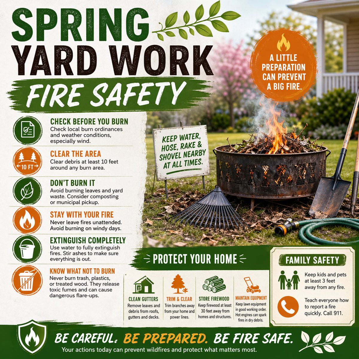 ILFireMarshal's tweet image. Spring yard work season is here! 🌿🔥
Before you start, keep fire safety in mind:
✔️ Check local burn rules
✔️ Keep water/tools nearby
✔️ Avoid burning on windy days
✔️ Never leave fires unattended

A little prep now can prevent a big problem later. #FireSafety #SpringCleanup