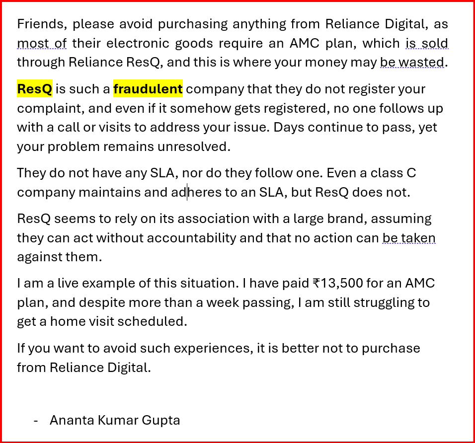 AnantaGupta's tweet photo. Hello Friends, for your kind information. --- DON'T BUY ANY AMC PLAN FROM ResQ.

Cc: @RelianceDigital @RelianceResQ @myvoltas @cromaretail https://t.co/tFN9osSKpV