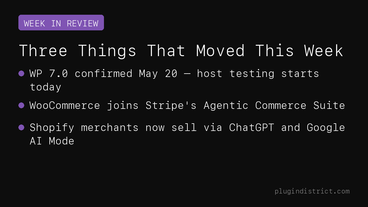 PluginDistrict's tweet image. Three things that moved this week:

→ WP 7.0 confirmed May 20 — host testing starts today
→ WooCommerce joins Stripe's Agentic Commerce Suite
→ Shopify merchants now sell via ChatGPT and Google AI Mode

The AI commerce shift is here.

#WooCommerce #WordPress #ecommerce