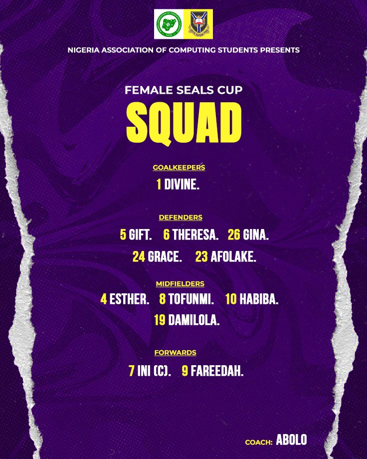 NACOS_UISPORTS's tweet photo. Introducing the Seals Cup Women’s Squad ⚽✨

Grace, passion, and pure determination, our ladies are ready to light up the Seals Cup. Every step, every touch, every moment… they’re here to make it count.

All eyes on them as they take on the challenge. 💫

#SealsCup @SealsCupUI https://t.co/L9YCrfPdIm