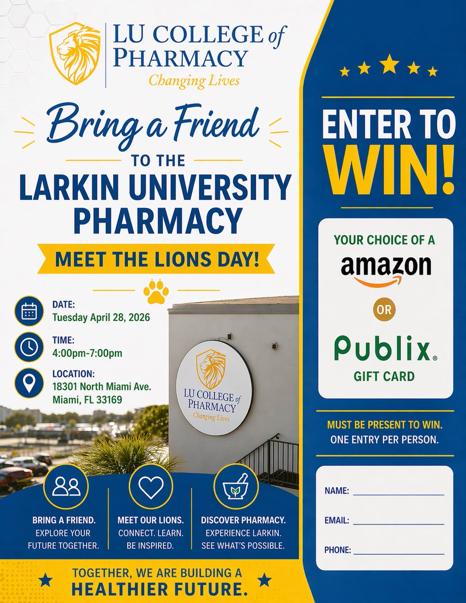 LarkinUni's tweet image. Bring a friend to “Meet the Lions” and enter to win a gift card! See you there! 🦁💙 #LarkinUniversity #PharmD #CollegeofPharamacy #pharmacy #pharmacyschool