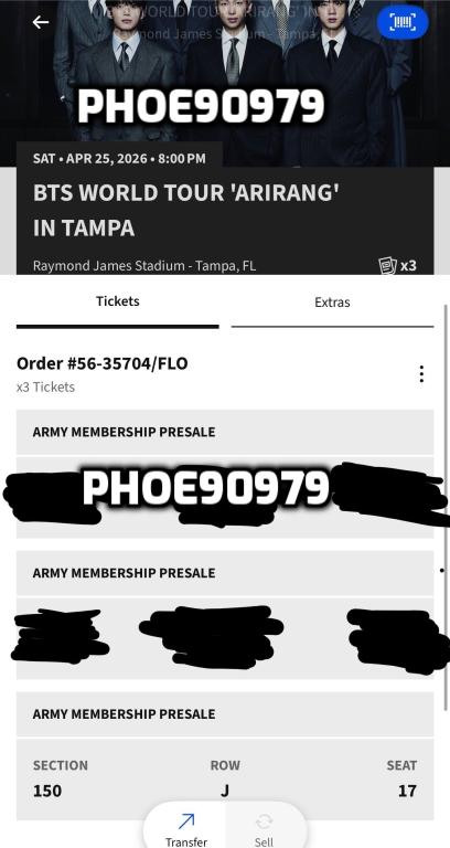 phoe90979's tweet image. [WTS Ticket]  

- Tampa FL Day 1 (April 25th 2026) 
- Section 150 Row J Seat 17 
- Face value: $375.30 + Paypal G&amp;amp;S (covered by buyer) 
- Willing to FT, send further confirmations/details, etc!  

#BTS_WORLDTOUR_ARIRANG #Tampa #Florida #RaymondJamesStadium #875tickets
@875tickets