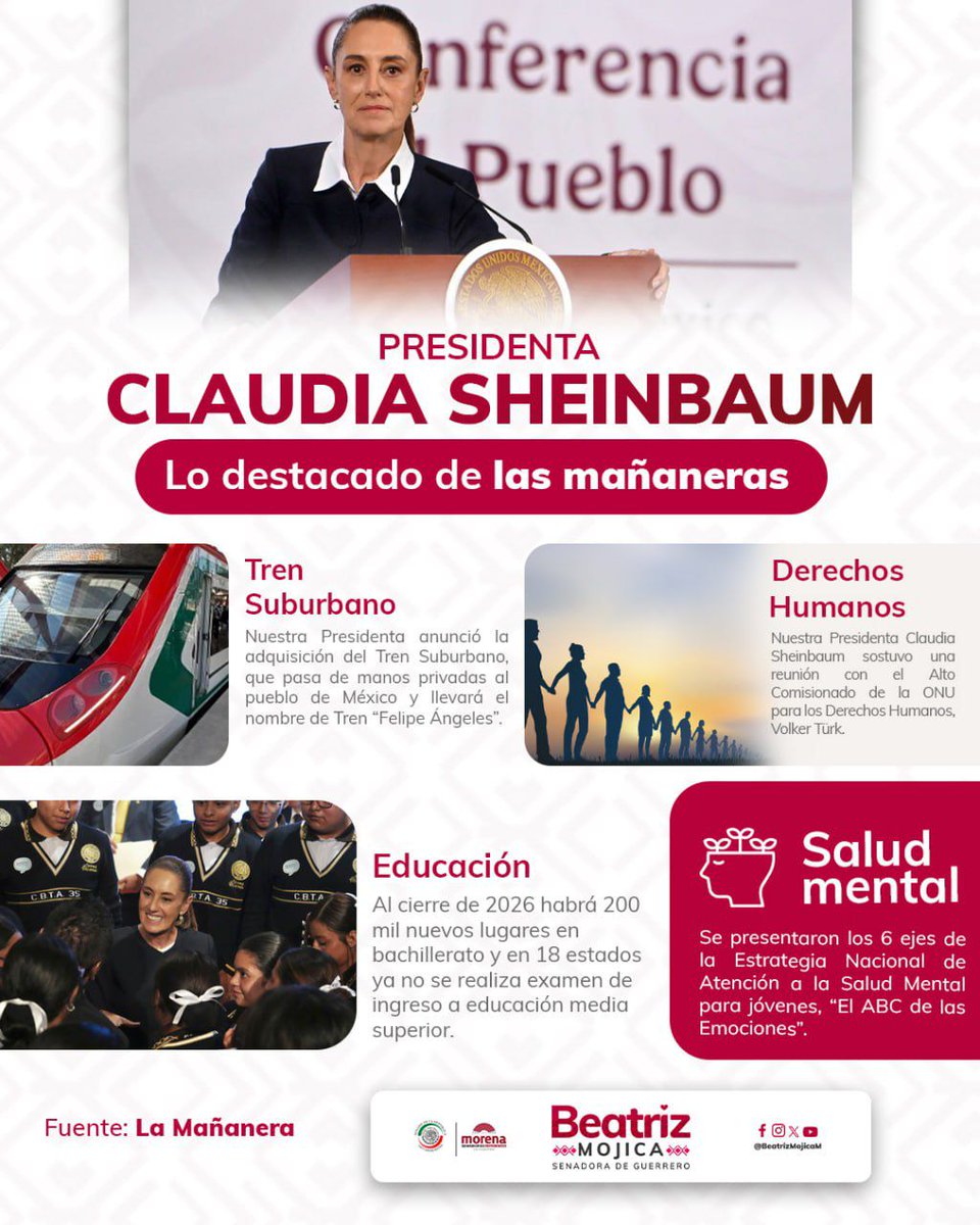 Beatriz_Mojica's tweet image. Les comparto algunos de los temas presentados en #LaMañaneraDelPueblo de nuestra Presidenta @Claudiashein. 

Seguimos avanzando con acciones en #Transporte, #Educación, #SaludMental y #DerechosHumanos, siempre poniendo al pueblo en el centro.

#Guerrero