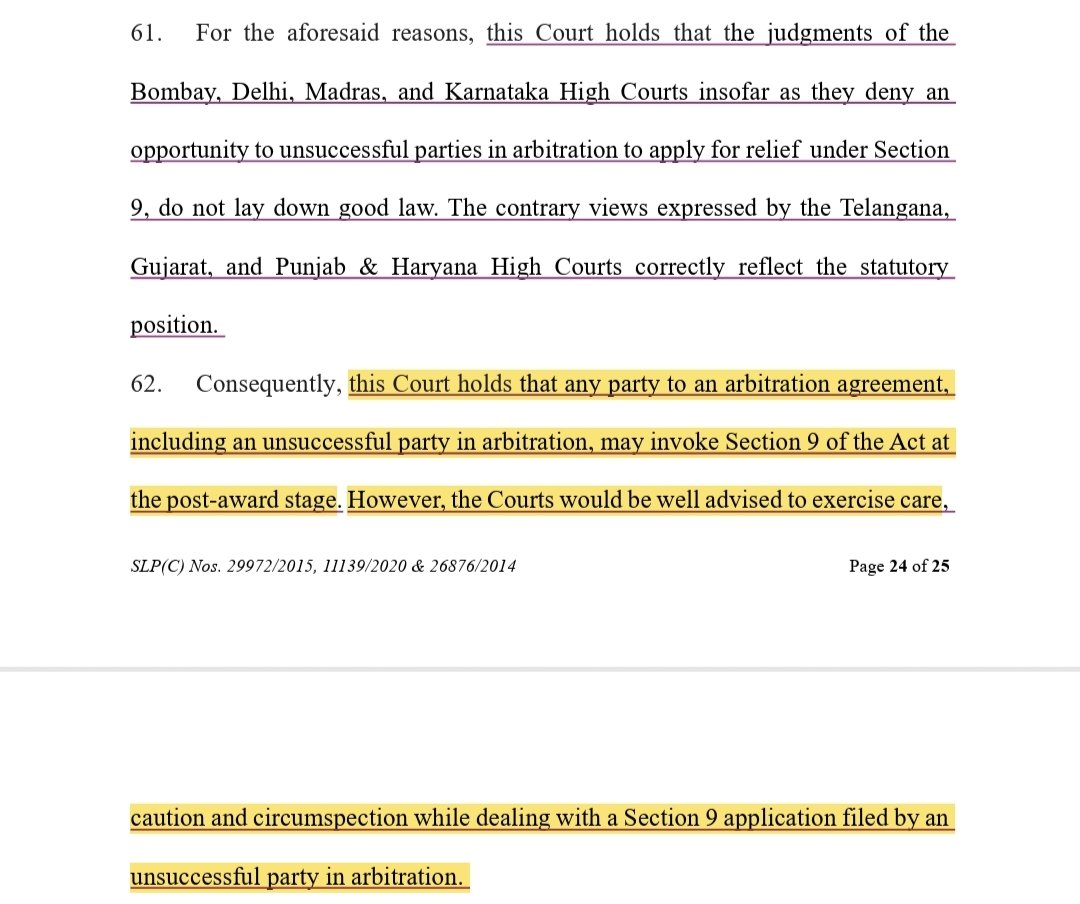 Lawcurb's tweet image. • Unsuccessful party in arbitration can seek Section 9 relief post-award.
#SC : Section 9 of Arbitration Act applies even at post-award stage. Contrary views of Bombay, Delhi, Madras &amp;amp; Karnataka HCs set aside. Courts must exercise care.
#SupremeCourt  #Section9  #ArbitrationLaw