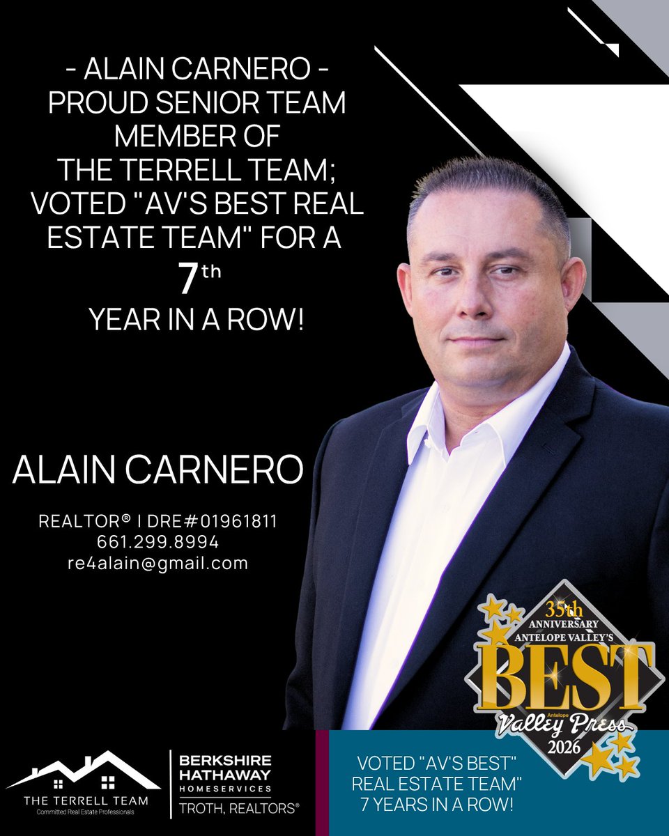 DougTerrell3's tweet photo. 💥𝟕 𝐘𝐄𝐀𝐑𝐒 𝐈𝐍 𝐀 𝐑𝐎𝐖!!💥
Nice work, Alain!
THE TERRELL TEAM, Proven Real Estate Professionals!
Call or text 661-803-0269
DRE# 01912546
@AlainCarne42977 https://t.co/eoYTrzz1Rc
