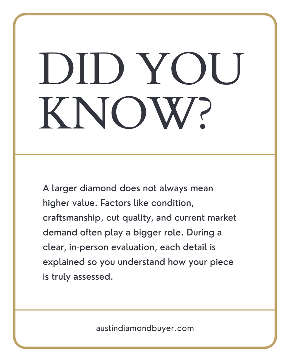 m_itrading's tweet image. Many people assume bigger means more valuable, but factors like condition, cut, and demand often matter more. When these details are explained clearly by an experienced eye, you can understand what truly drives your piece’s value. 📞512-905-7200 #mitrading #jewelry #4cs #diamonds