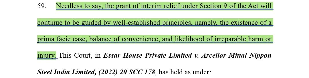 Lawcurb's tweet image. • Principles for interim relief under Section 9 of Arbitration Act.
#SC reiterated the well-established triad: prima facie case, balance of convenience, and irreparable harm or injury.
#SupremeCourt #ArbitrationAct #Section9 #InterimRelief #ArbitrationLaw