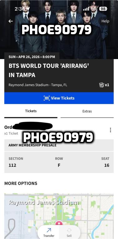 phoe90979's tweet image. [WTS Ticket]    

-Tampa FL Day 2 (April 26th)  
-Section 112 Row F Seat 16  
-Face value: $751.80 + Paypal G&amp;amp;S (covered by buyer)  
-Willing to FT, send further confirmations/details, etc!    
#BTS_WORLDTOUR_ARIRANG #Tampa #Florida #RaymondJamesStadium #875tickets @875tickets