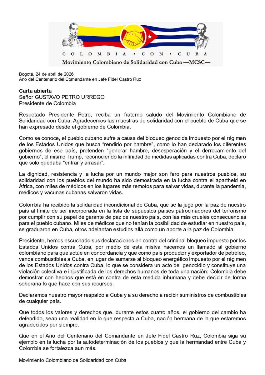 vivianavivacuba's tweet photo. Carta abierta a @petrogustavo del Movimiento Colombiano de Solidaridad con Cuba @CatedraFidelCol @Cubanamera_ @siempreconcuba @TheIntCom 
#CubaNoEstáSola https://t.co/T2ZJBErqVE