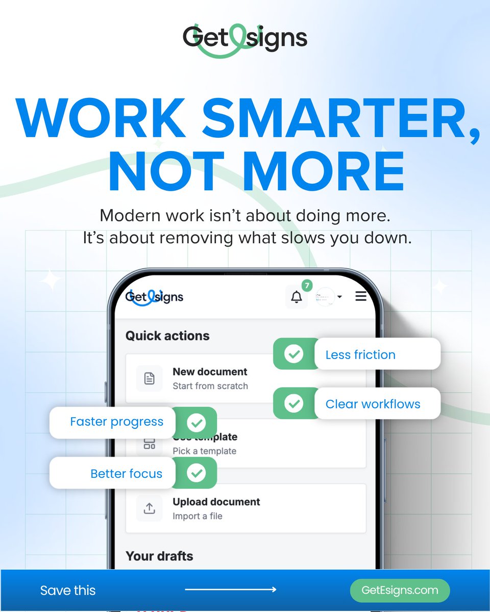 GetEsigns's tweet image. Doing more isn’t the problem.
Doing too much that doesn’t matter is. ⚠️

Modern work isn’t about adding effort.
It’s about removing friction. ⚙️

That’s how real progress happens. 🚀

#ModernBusiness #SmartWork #WorkflowEfficiency #GetEsigns #WorkSmarter