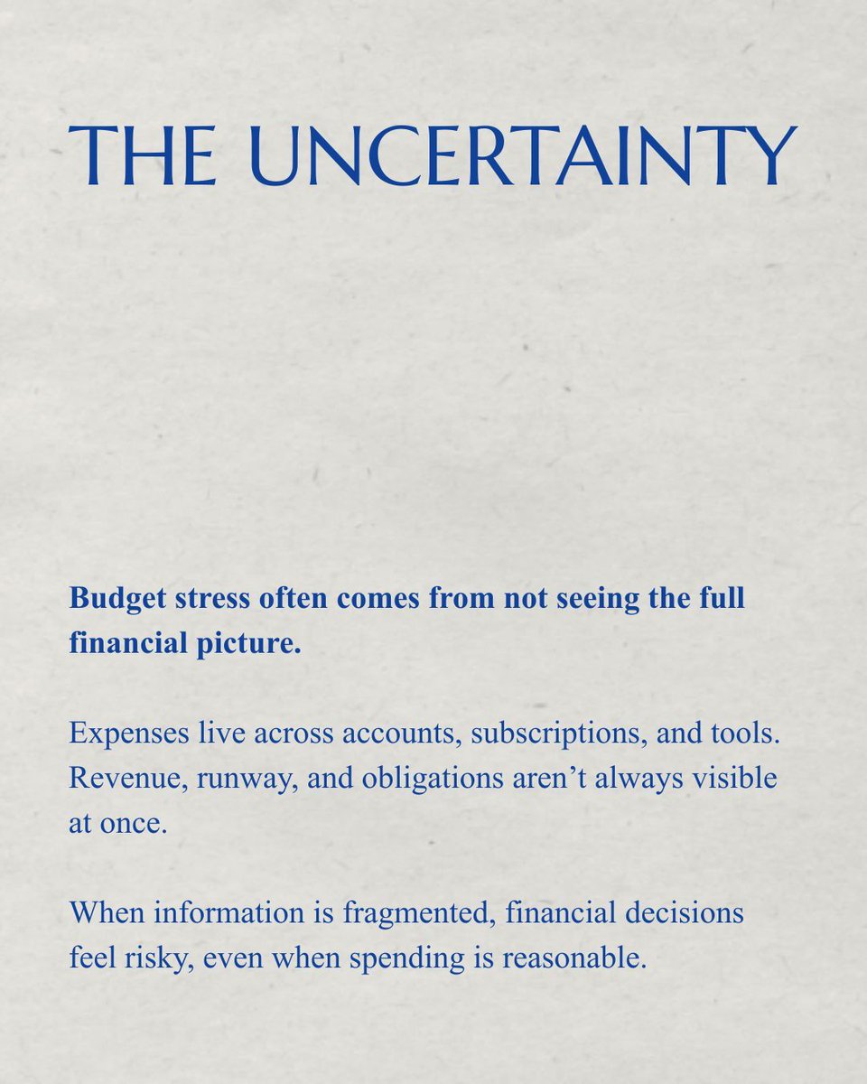 will_richman's tweet image. Budget stress often comes from not seeing the full financial picture.

Expenses live across accounts, subscriptions, and tools. Revenue, runway, and obligations aren't always visible at once. 

#budget #startup #business