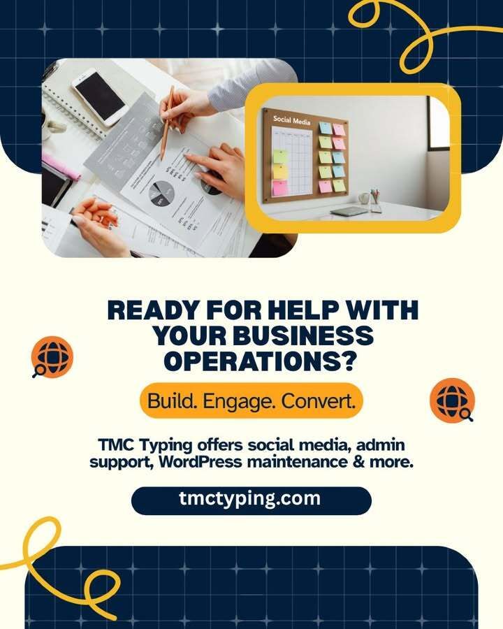 tmctyping's tweet image. Ready for help with your business operations? TMC Typing offers social media, admin support, WordPress maintenance &amp;amp; more. Visit tmctyping.com to get started! 🎯

#BusinessSolutions #TMCTyping #socialmedia #digitalmarketing #tmcdigitalservices