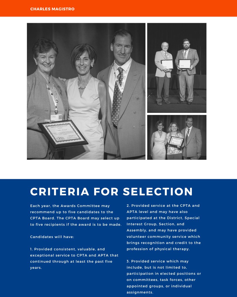 Leadership that moves the profession forward.
The Charles Magistro Service Award recognizes CPTA members whose service and leadership within CPTA and APTA have made a lasting impact.
✨ Nominate a deserving leader today! 🔗ccapta.org/AwardsNominati…