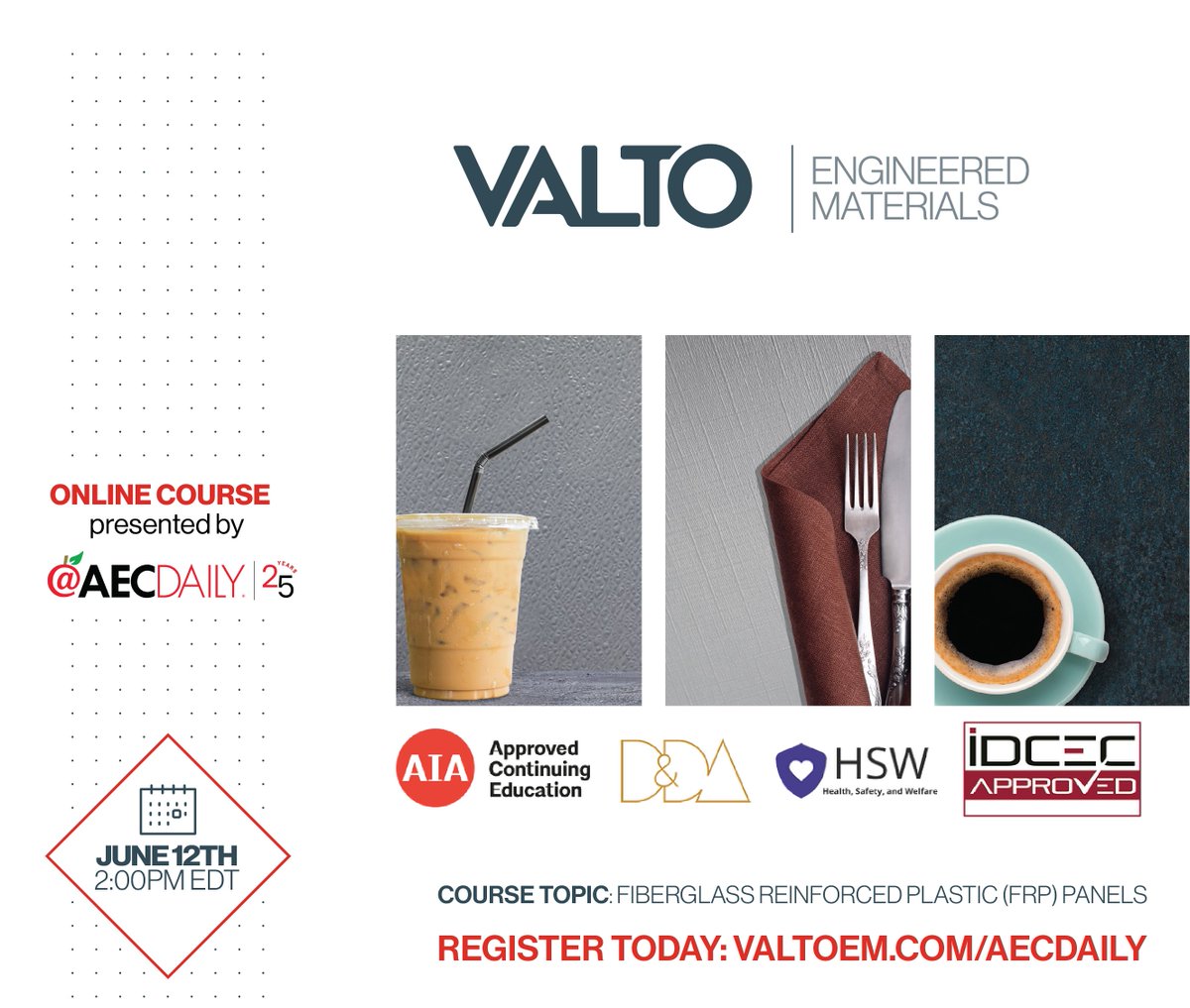 ValtoEM's tweet photo. Looking to receive your annual continuing education credits? Tune in to our Free Webinar on June 12th at 2pm EDT for our course approved by #AIA, #HSW, #DDA, &amp; #IDCEC. Join us for an overview on all things FRP: https://t.co/n6umBJAjY1 https://t.co/Yx9jrjZNq7