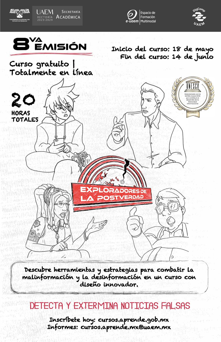 🚨 ¡Inscripciones abiertas!

MOOC Exploradores de la Posverdad vs Noticias Falsas.

Aprende a distinguir entre información confiable y noticias falsas.

Conviértete en un #ExploradorDeLaPosverdad 🧠

¡Inscríbete ya!🔗 cursos.aprende.gob.mx/courses/course…