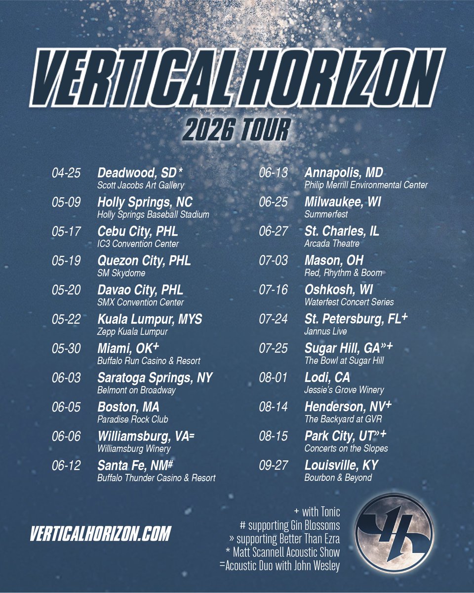 VerticalHorizon's tweet photo. VH Fans! Check out our upcoming tour schedule and let us know where we'll be seeing you on this run of shows!👇

Visit https://t.co/9cO88HHzsP for tickets. 🎫

More dates yet to be announced, so be sure to stay posted. https://t.co/3pdSmB7xfe