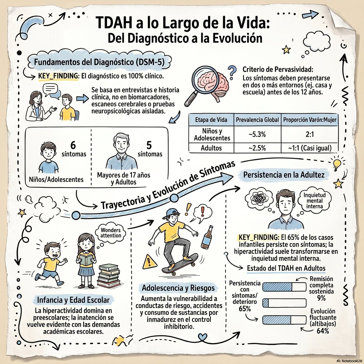 El TDAH no es solo “falta de atención”. Es un trastorno del neurodesarrollo que impacta TODA la vida: escuela, trabajo, relaciones y salud mental.

Su diagnóstico sigue siendo 100% clínico: no hay biomarcadores, estudios de imagen ni pruebas que lo confirmen por sí solos. Se basa