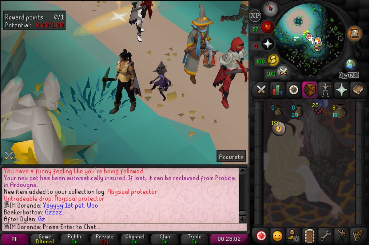 heydorenda's tweet image. Soo...this happened today! :D #osrs #oldschoolrunescape #abyssalprotector

First pet on ANY account I've had lol. My ironman account has better RNG.