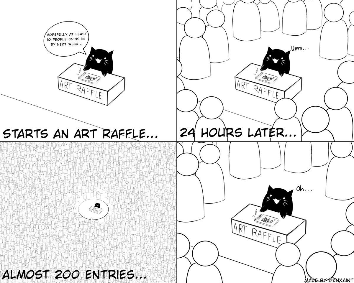 It hasn't even been 24 hours yet and there are almost 200 entries and my follower count nearly doubled!💙

🎉So for that I'll announce 2 winners instead!🎉

Anyway here's a comic of how I felt!
#artraffle #artgiveaway #artmoots #smallartist