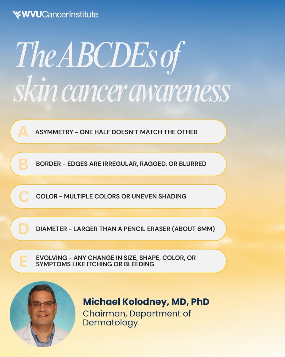 WVUCancer's tweet photo. Your skin is talking — are you paying attention? 🔍

Michael Kolodney, MD, PhD, Chair of Dermatology, shares the ABCDEs of skin cancer — an easy way to spot warning signs early.

🧡 Early detection saves lives.

Learn more: https://t.co/Z2jDPVwDpH https://t.co/8tEVHNZuvO