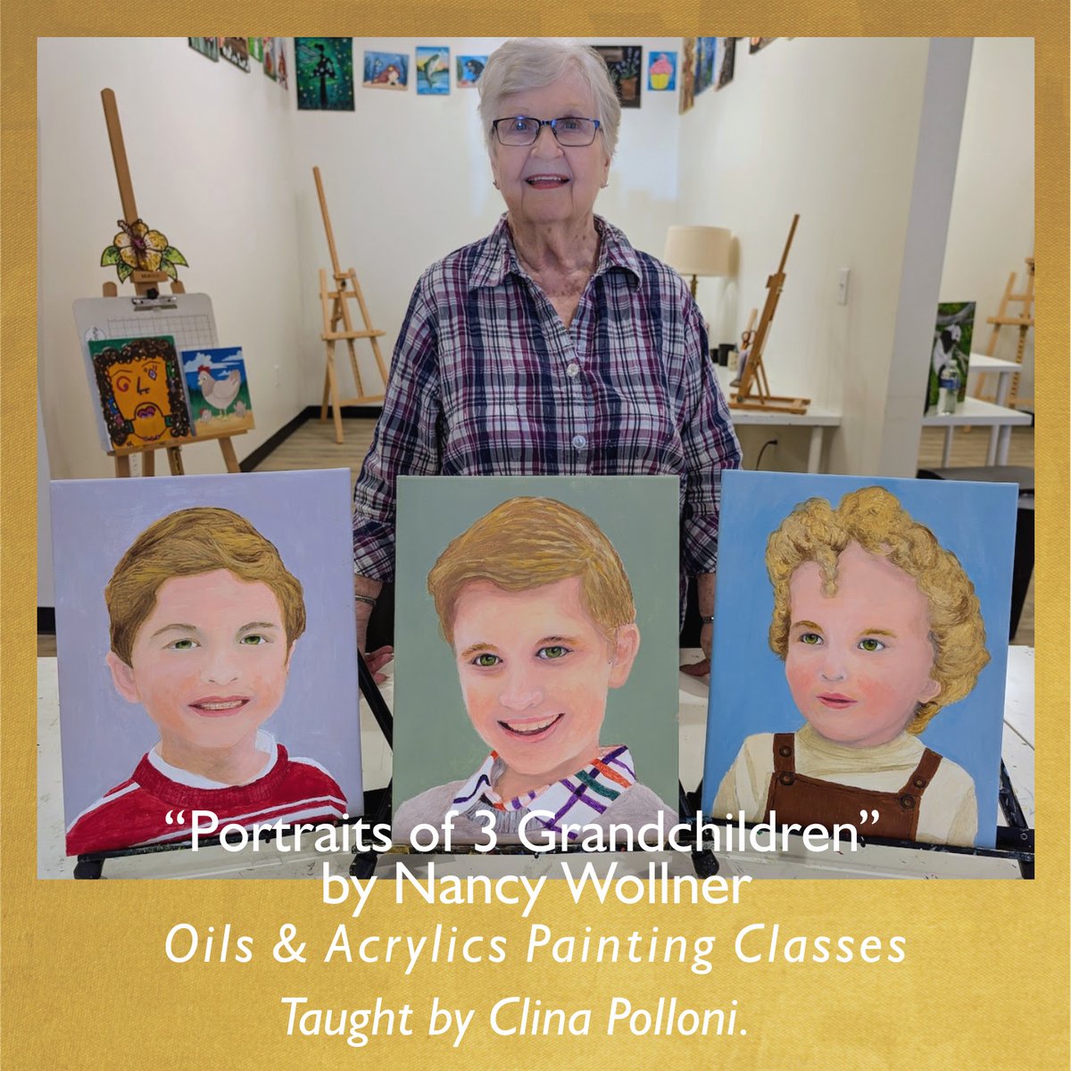 ClinaPolloni's tweet image. Come to @ClinaPolloni  Painting Classes. Nancy Wollner finished her 3 portraits of the grandchildren. Congratulations!  from clinapolloni.com/painting-class….
#paintingclassesnc #landscapes #seascapes #flowers #fruits #vegetables #littleartgallerync #clinapolloni #wakeforestnc