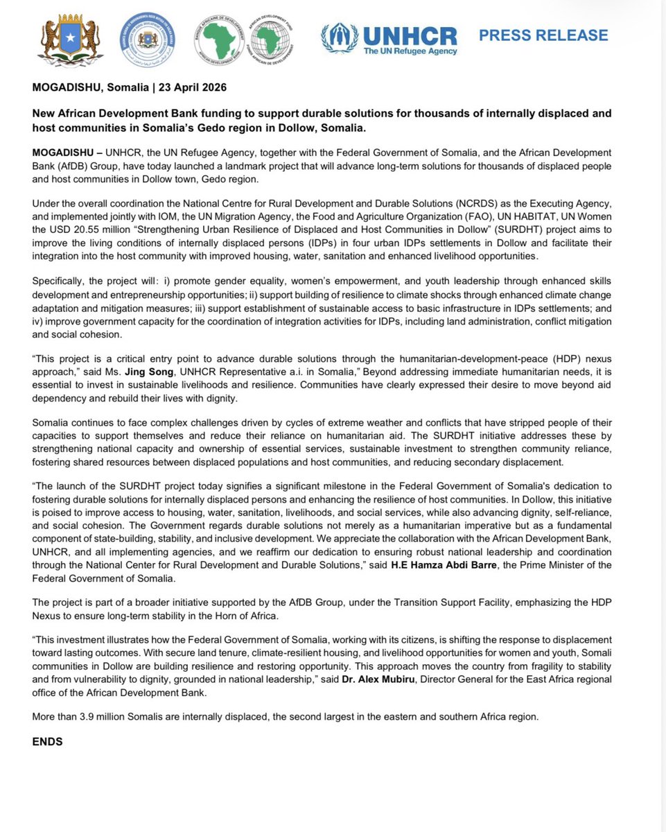 NCRDS_SOMALIA's tweet photo. Read the Joint Press Release π
@NCRDS_SOMALIA & @UNHCRSom with the funding from @AfDB_Group launches the $20.5M #SURDHT project to support displaced & host communities in #Dollow.
π https://t.co/jxMseCz9Oc https://t.co/5kV7wyIG1y