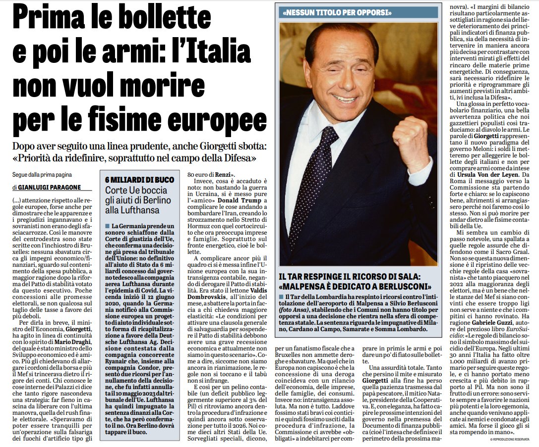 cenni di risveglio di sovranità....... Giorgetti non ci sta e dunque  non si accetterà passivamente nè l'austerità nè le armi..  Difesa da ridefinire..  Il governo dà un segnale .. la Lega mette paletti  come oltre il 50% degli italiani chiede