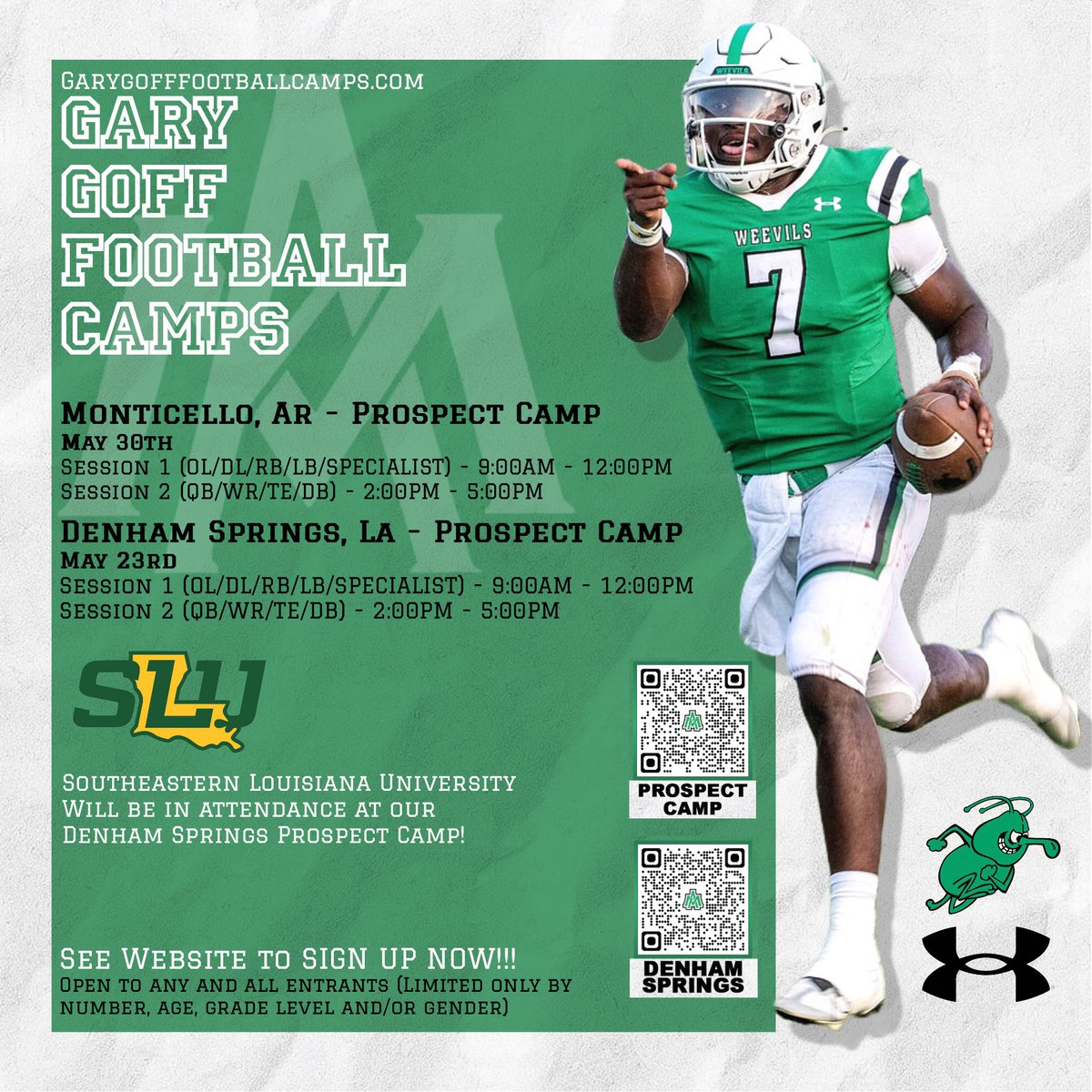 SamMoraJr's tweet image. We are excited to announce that Southeastern Louisiana University will be joining us at our Denham Springs Prospect Camp! 

Show up! 
Show out!
Get offered!

#WeDAT #EatEmUp

Scan the QR Code or visit 
GARYGOFFFOOTBALLCAMPS.COM