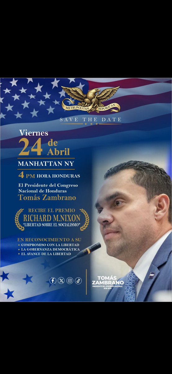 Felicitamos al Presidente del Congreso Nacional de #Honduras y del Caucus de Aliados de #Israel en Honduras, Diputado Tomás Zambrano <a href="/TommyZambranoM/">Tommy Zambrano</a> por ser galardonado con el premio “Libertad sobre Socialismo” <a href="/IsraelAllies/">Israel Allies</a> <a href="/IAF_ES/">IAF ES</a> <a href="/hn_congreso/">Congreso Nacional de Honduras</a> <a href="/PresidenciaCNH/">Presidencia del Congreso Nacional de Honduras</a> <a href="/ReinsteinJosh/">Josh Reinstein</a>