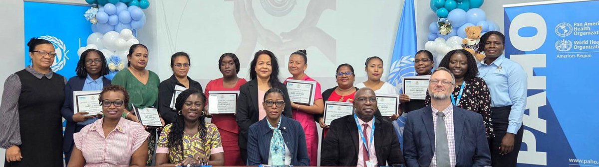 kimevadickson's tweet photo. Guyana MoH working alongside PAHO/WHO and UNICEF, with support  from Canada, certifies eight hospitals under the #who #unicef Baby friendly hospital initiative. BFHI supports breastfeeding, improves neonatal outcomes, and strengthens families. Congrats to the teams! https://t.co/KGw3n2gb64