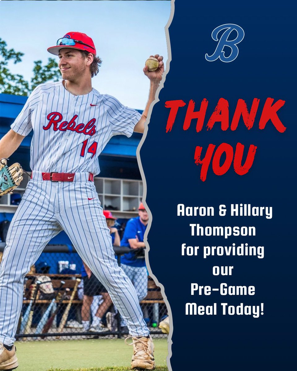 rebdugoutclub's tweet image. A big thank you to Aaron &amp;amp; Hillary Thompson for providing today’s pre-game meal for our Rebels! Your support means so much to our players and program. We appreciate you helping fuel the team for game day! ⚾ #RebelPride #ThankYouSponsors
