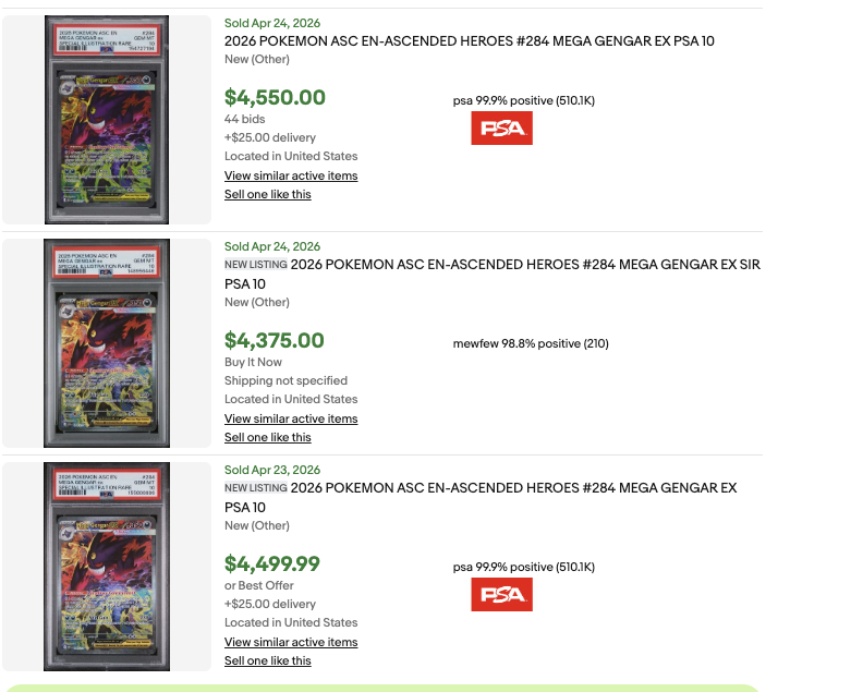 PokemonRestockr's tweet photo. PSA 10 Gem Mint Ascended Heroes MEGA GENGAR EX PSA 10 is in close second at $4500 

All current ebay listings: https://t.co/g5VedHPaK4

Free Pokemon notification app: 👇

👉👉https://t.co/wNRpSVyORz 

#PokemonTCG #ad https://t.co/OWx6dd02yt